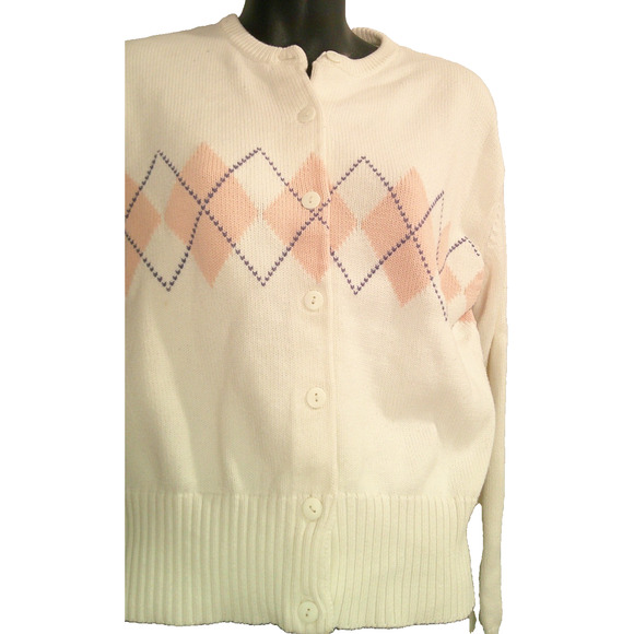 Ann Taylor Vintage Women's Large White Button-down Sweater Cardigan with Argyle - Picture 4 of 7